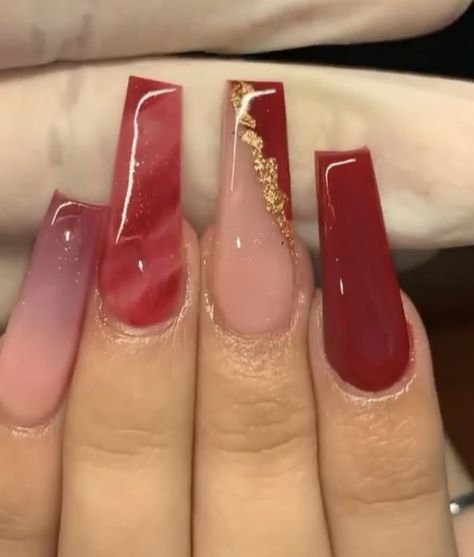 Red Dress Gold Accessories Prom, Red Medium Coffin Acrylic Nails, Acrylic Nails For Red Prom Dress, Dark Cherry Red Nails Acrylic, Burgundy Hoco Nails, Homecoming Red Nails, Cute Red Nails Acrylic Coffin Short, Red Medium Length Nails, Red And Gold Birthday Nails