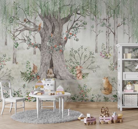 Mother of Forest Tree Wallpaper, Kids Wallpaper Peel and Stick, Nursery Wall Decal, Removable Wallpaper Kids, Nursery Wallpaper, Adhesive - Etsy Rgb Palette, Kindergarten Wallpaper, Whimsical Nursery, Forest Nursery, Forest Wallpaper, Tree Wallpaper, Nursery Wallpaper, Kids Wallpaper, Animal Wallpaper