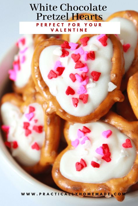 Valentine Chocolate Pretzels, Valentine Pretzels, Pretzel Hearts, Chocolate Heart Pretzels, Galentines Ideas, Valentines Dessert, Valentine Dessert, Pretzels Chocolate, Practically Homemade