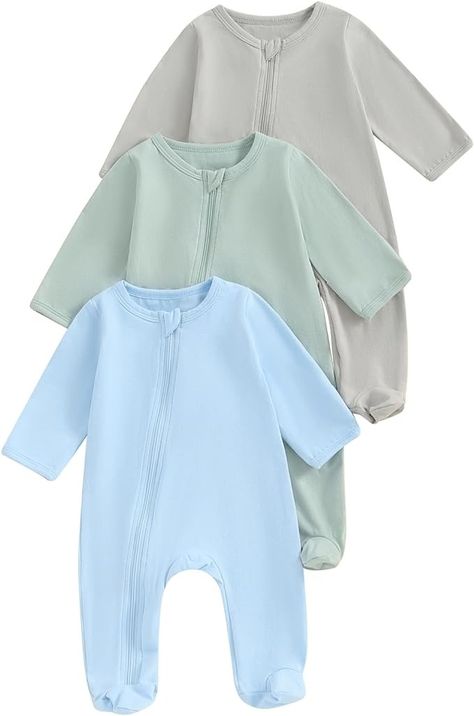 Amazon.com: Baby Footed Pajamas Pack Infant Sleepers Zipper Onesie Newborn Coming Home Outfit (Grey/Green/Blue,Newborn) : Clothing, Shoes & Jewelry Plain Jumpsuits, Playsuits Outfit, Outfit Grey, Newborn Coming Home Outfit, Baby Coming Home Outfit, Newborn Clothing, Zipper Jumpsuit, Newborn Baby Clothes, Footed Pajamas