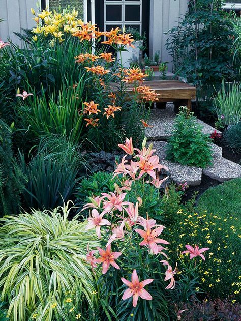 More Analogous Ideas This lovely trio of lilies gently steps around one side of the color wheel for a lush pastel combination that showcases the calmer, cooler side of orange, pink, and yellow. Shade Garden Design, Lily Garden, Day Lilies, Have Inspiration, Pink Garden, Daylilies, Colorful Garden, Garden Cottage, Color Wheel