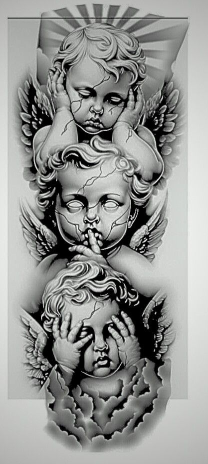 Baby Angels Tatoos, Tattoo For Angel Baby, Cherubim Tattoo, Angel And Devil Tattoo Design, Inner Bicep Tattoo Men, Speak No Evil Tattoo, Angel Baby Drawing, Trumpet Tattoo, Baroque Tattoo