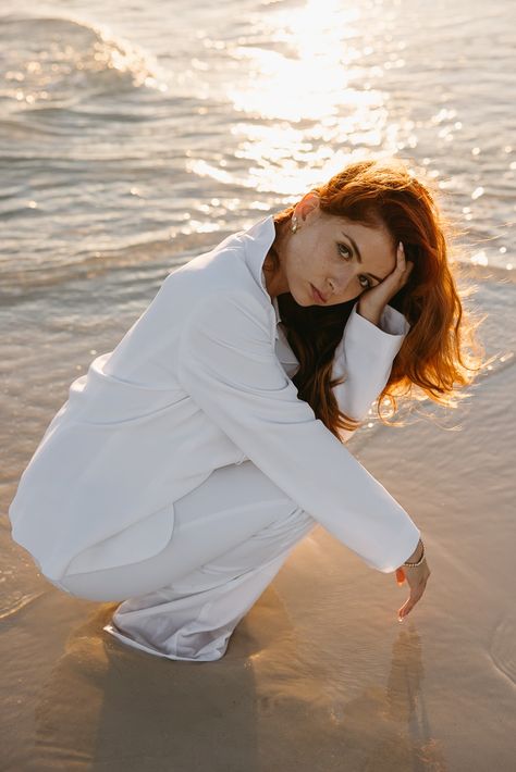 Female Beach Photoshoot, Beach Model Photoshoot, Beach Editorial Photoshoot, Kneeling Pose, Touching Face, Pensacola Beach Florida, Beach Editorial, Pensacola Wedding, Editorial Portrait