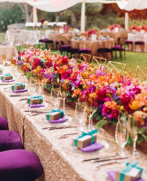 Couple’s Bright Colorful Indian Wedding Is Jaw-Dropping | TheKnot.com Colorful Centerpieces, Rustic Wedding Decorations, Tafel Decor, Boda Mexicana, Garden Wedding Decorations, Bright Wedding, Mexican Wedding, Orange Wedding, Long Table