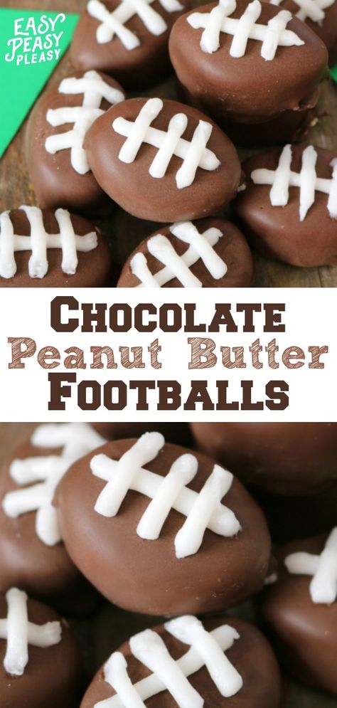 Football Peanut Butter Balls, Super Bowl Sweet Treats, Superbowl Treats, Packer Party, Chocolate Covered Peanut Butter Balls, Superbowl Food, Superbowl Sunday, Healthy Superbowl Snacks, Chocolate Covered Peanuts