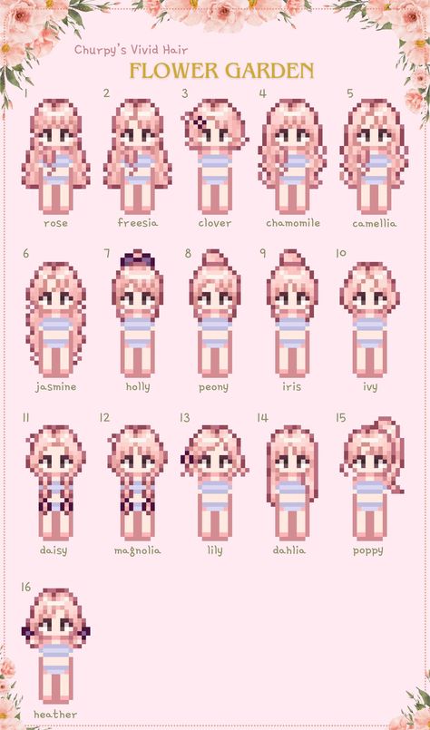 Stardew Flower Farm, Stardew Valley Color Coded Museum, Stardew Valley Character Ideas No Mod, Cute Stardew Valley Character Ideas, Stardew Valley Flower Farm, Stardew Valley Hairstyle, Stardew Valley Sprite Mod, Stardew Clothing Mods, Stardew Character Ideas