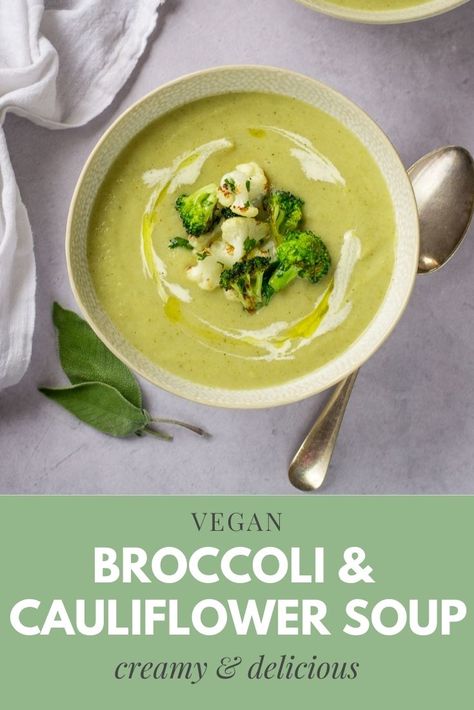 Broccoli and Cauliflower Soup Cauliflower And Broccoli Soup, Broccoli Soup Vegan, Broccoli And Cauliflower Soup, Vegan Freezer Meals, Broccoli Cauliflower Soup, Cauliflower And Broccoli, Cheap Vegan Meals, Lazy Vegan, Broccoli And Cauliflower