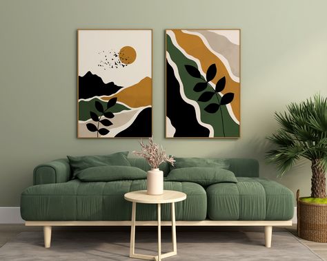 Photo Wall Decor Living Room, Boho Painting Ideas, Wall Prints Green, Green Wall Prints, Family Photos Wall Decor, Scandi Wall Art, Boho Abstract Art, Boho Art Painting, Boho Landscape