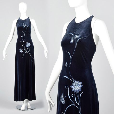 https://www.styleandsalvage.com/products/1990s-blue-velvet-evening-dress?view=quick Blue Velvet Evening Dress, Navy Embroidery, Velvet Evening Dress, Long Prom Dress, Blue Velvet, Dark Navy, Evening Dress, Prom Dress, Custom Color