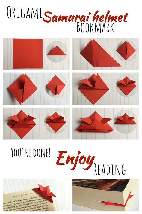 Origami samurai helmet bookmark tutorial! Easy Origami Bookmarks, Origami Bookmark Tutorial, Hart Origami, Origami Samurai, Origami Bookmark Corner, Buku Diy, Origami Vase, Bookmark Corner, Paper Origami Flowers