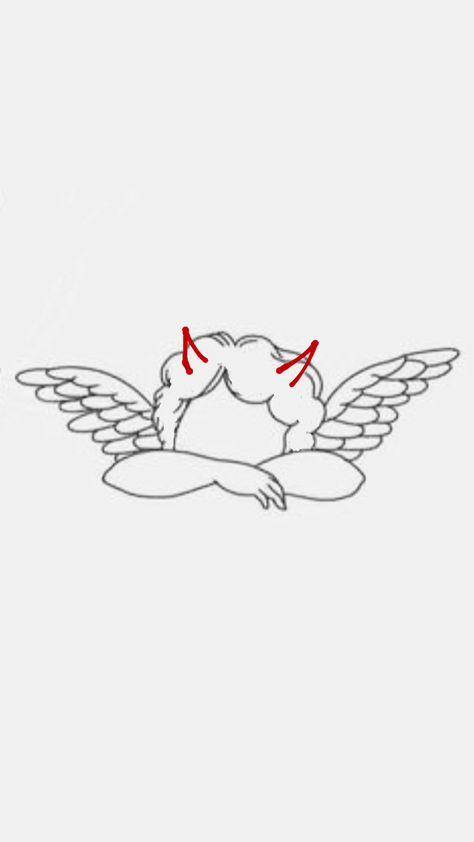 Fine Line Drawing Tattoo, Angel With Horns Tattoo, Cherub Angel Tattoo Simple, Small Starter Tattoos, Angel Small Tattoo, Devil Baby Tattoo, Good Evil Tattoo, Devil Cherub Tattoo, Lover Girl Tattoo