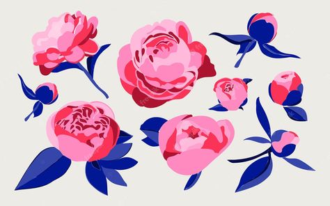 Premium Vector | Set of various decorative peonies or roses isolated on a white background floral botanic concept White Background Floral, Peony Illustration, Peony Leaves, Poinsettia Plant, Garden Illustration, Blue Plants, Flower Vector, Background Floral, Decorative Leaves