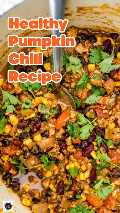 This Healthy Pumpkin Chili is a chili recipe with a hint of pumpkin, and packed with veggies and beans. Delicious served with cornbread! Pumpkin Chili In A Pumpkin, Chili With Pumpkin, Buffalo Chicken Chili Recipe, Buffalo Chicken Chili, Turkey Pumpkin Chili, Pumpkin Chili Recipe, Buffalo Chicken Soup, Most Pinned Recipes, Clean Meals