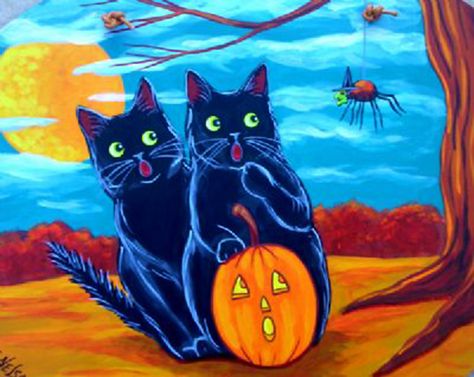 "Spooky Halloween Spider and Black Cats" par Lisa Nelson Black Cats Halloween, Halloween Postcard, Cats Halloween, Halloween Folk Art, Black Cat Print, Black Cat Art, Halloween Painting, Cat Pumpkin, Postcard Printing