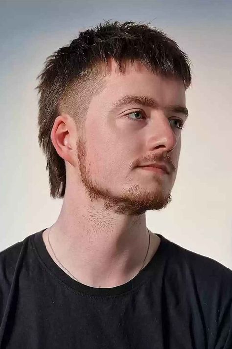 Edgy Mullet with Textured Fringe for Men Edgy Mullet, Classic Mullet, Mullet Haircuts, Short Mullet, Textured Fringe, Short Haircuts With Bangs, Mens Haircuts Short Hair, Monochrome Makeup Look, Thick Beard