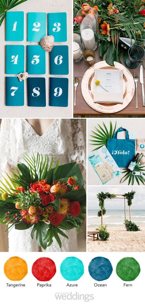 Using this color palette is sure to give your wedding the tropical vibe you're looking for! #Bright #Blue #Red #Orange #Tropical #ColorPalette #Wedding #WeddingColors #WeddingIdeas #Printable #Weddings #ColorScheme | Martha Stewart Weddings Tropical Wedding Color Palette, Jewel Tone Wedding Colors, Boho Destination Wedding, Choosing Wedding Colors, Wedding Colour Schemes, Wedding Palettes, Orange Wedding Colors, Fern Wedding, Wedding Color Pallet