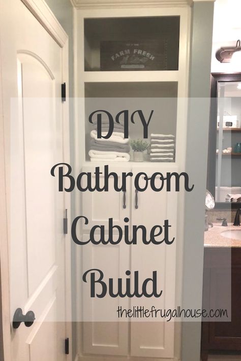 Do you have an awkward space in your home that you just don't know what to do with? This bathroom cabinet build creates beautiful storage in that space! Diy Cabinets Build, Built In Bathroom Storage, Ideas De Closets, Bathroom Cabinets Diy, Cabinet Build, Diy Bathroom Storage, Storage Bathroom, Bathroom Closet, Beautiful Storage