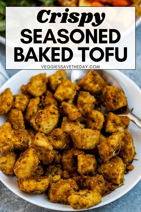 Learn how to make the best crispy seasoned baked tofu in 30 minutes. It's perfectly seasoned with rosemary, thyme, and nutritional yeast. Tofu Nutritional Yeast Recipes, Tofu Meals, Vegan Pesto Sauce, Nutritional Yeast Recipes, Tofu Recipes Vegan, Vegan Pesto, Vegan Mac And Cheese, Crispy Tofu, Vegan Main Dishes