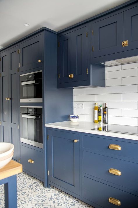 Kensington - Painted Shaker Kitchen - Higham Furniture Dark Blue Kitchen, Painted Shaker Kitchen, Dark Blue Kitchens, Paint Shakers, Shaker Kitchen, Blue Kitchen, Blue Kitchens, Solid Walnut, Kitchen Inspirations