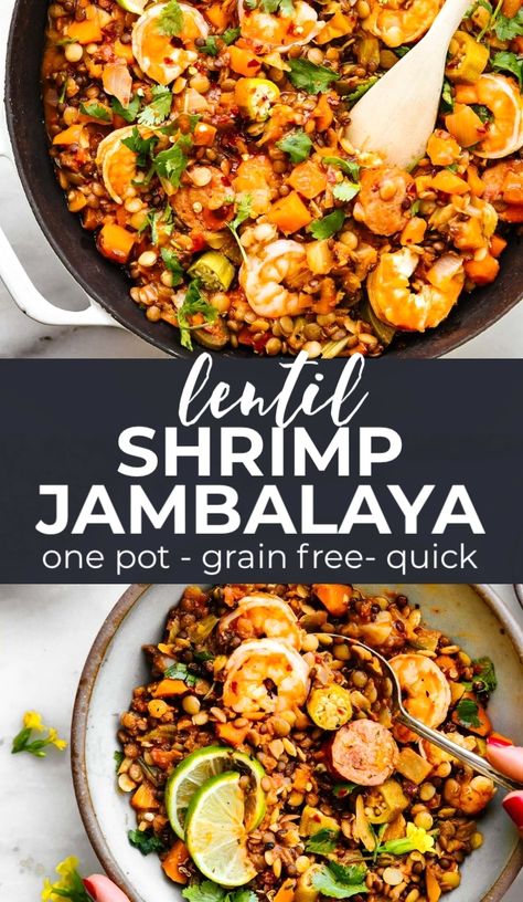 One Pot Shrimp Jambalaya Lentil Bowls! This dish is a healthy twist on classic Jambalaya and shrimp gumbo combined! Packed full of veggies, lentils, and protein. It's an easy one pot meal for a family, potlucks, or even to make ahead and freeze for later! #dairyfree #onepot #stew #glutenfree #dinner Lentils With Shrimp, High Protein Jambalaya, Lentils And Shrimp Recipe, Shrimp And Lentils, Lentil Gumbo, One Pot Lentil, Lentil Bowls, One Pot Shrimp, File Powder