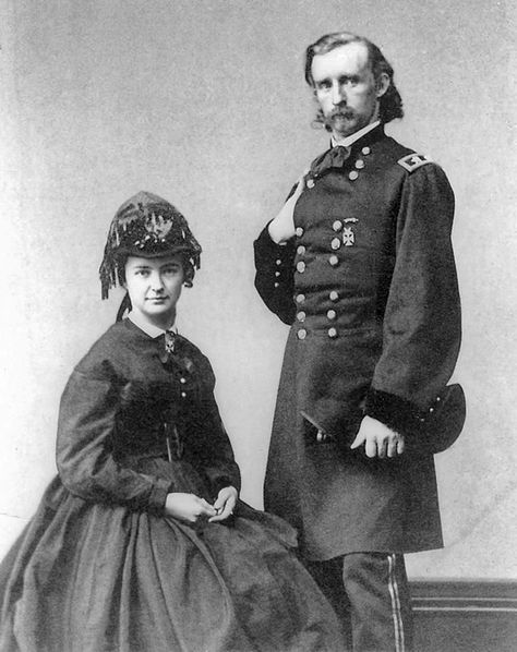 Portrait of Brigadier General Custer and his adoring wife Elizabeth (Libbie) c 1865. Elizabeth and her husband had a loving but tumultuous relationship. Both were stubborn, opinionated, and ambitious. Their private correspondence was filled with sexually charged double entendres. 19th Century Hairstyles, Cavalry Officer, General Custer, George Custer, American Indian Wars, George Armstrong, Cult Of Personality, American Soldier, Indian Pictures