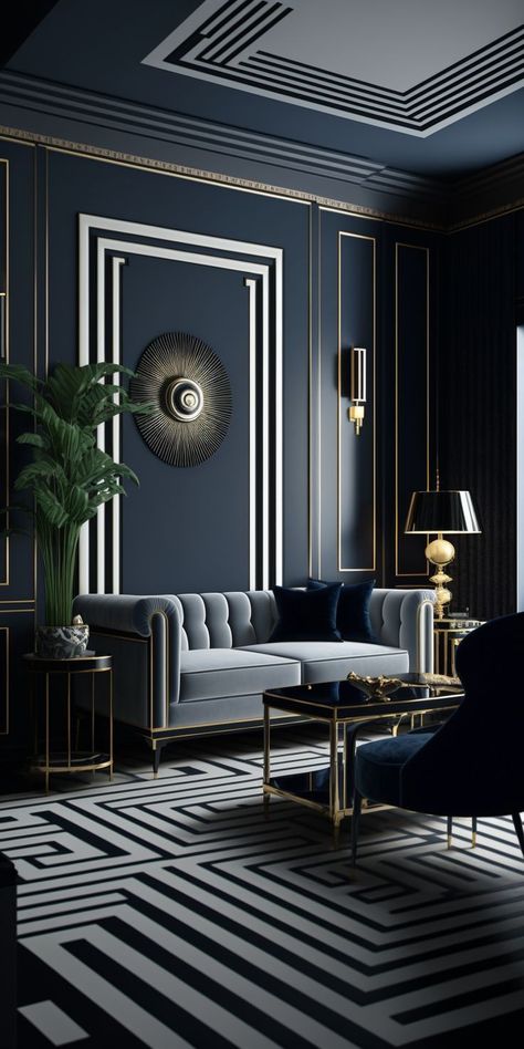 Navy Sofa Living Room, Royal Bedroom Design, Art Deco Living Room, Aesthetic Living Room, Gold Living Room, Home Aesthetic, Living Room Design Decor, Coastal Farmhouse, Elegant Living Room