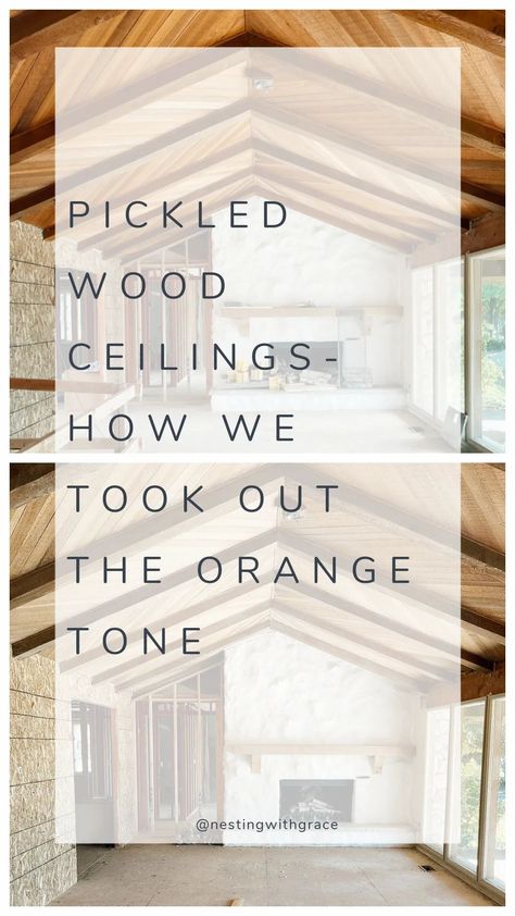 Staining Wood Beams Ceilings, White Washing Wood Ceiling, Pickle Wood Paneling, Wood Ceilings Painted White, Knotty Pine Whitewashed, Pine Walls Painted White, Lighten Oak Trim, Wood Paneling Ceiling Makeover, Wood Painted Ceiling