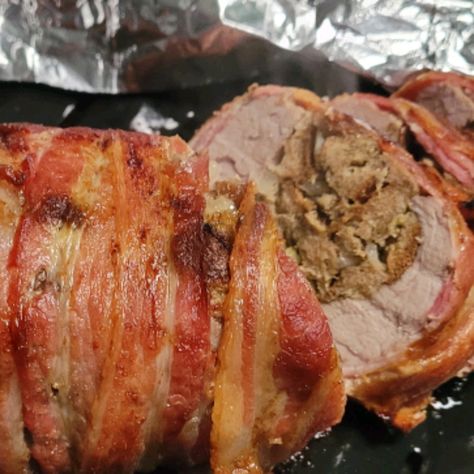 Bacon Wrapped Stuffed Pork Tenderloin Easy Stuffed Pork Tenderloin, Stuffed Bacon Wrapped Pork Tenderloin, Bacon Wrapped Stuffed Pork Chops, Stuffed Pork Tenderloin Recipes In Oven, Stuffed Pork Loin Recipes, Bacon Wrapped Stuffed Pork Loin, Pork Loin Wrapped In Bacon, Bacon Wrapped Mushrooms, Slow Cooker Pork Ribs