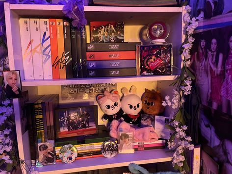 Kpop Album Aesthetic Collection, Kpop Aesthetic Room Ideas Skz, Straykids Album Collection, Skz Bedroom, Skz Album Collection, Straykids Room Decor, Kpop Albums Shelf, Skz Merch, Pop Decor