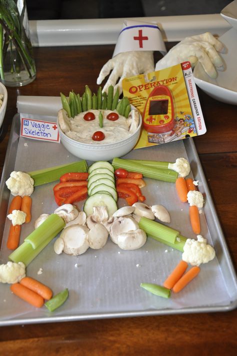 veggie skeleton Emt Themed Party, Hospital Themed Party Food, Medical Food Theme, Medical Themed Party Food, Medical Themed Food, Medical Themed Parties Food, Medical School Graduation Party Ideas, Medical Themed Parties, Nurse Grad Parties