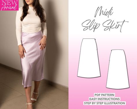 Slip Skirt Pattern, Midi Skirt Sewing Pattern, Satin Slip Skirt, Midi Skirt Pattern, Women's Sewing Pattern, Slip Skirt, Skirt Patterns Sewing, Sewing Skirts, Satin Skirt