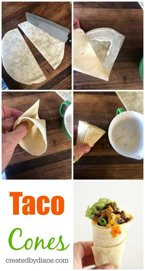 Tortilla Cones, Taco Cones, Pizza Cone Recipe, Taco Beef, Waffle Cone Recipe, Cone Dessert, Food Tacos, Food Truck Ideas, Apples And Cheese