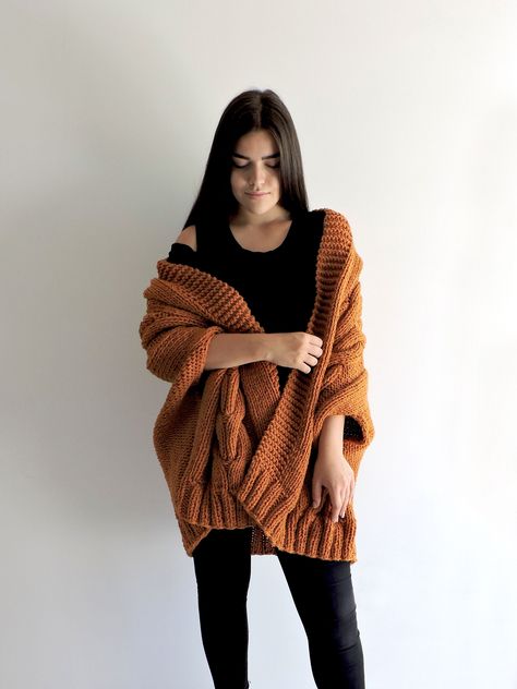 "Burnt Orange Knit Cardigan, Hand Knitted Cardigan, Oversized Cardigan XS to 2XL / Women knit coat / 16 colors to choose from / Wool oversized sweater in burnt orange / Cable knit / Here shown in Burnt Orange, Terracotta, Burgundy, Ochre and Dark Beige. Measurements: XS (US 0-2; UK 4-6; EU 32-34) bust - 82 cm ( 32.2\" ) hip - 88 cm ( 34.6\" ) S (US 4-6; UK 8-10; EU 34-36) bust - 88 cm ( 34.6\" ) hip - 94 cm ( 37\" ) M (US 8-10; UK 12-14; EU 38-40) bust - 94 cm ( 37\" ) hip - 100 cm ( 39\" ) L (U Orange Cardigan Outfit, Burnt Orange Fashion, Burnt Orange Cardigan, Loose Knit Cardigan, Fall Sweaters For Women, Cable Knit Sweater Womens, Orange Knit, Cardigan Oversized, Chunky Knit Cardigan