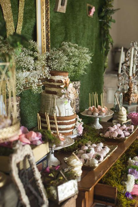 Enchanted Garden Birthday Party Ideas | Forest/ Garden theme party dessert table -Photo 1 of 11 | Catch My Party Woodland Baby Shower Theme Decorations, Enchanted Forest Baby Shower, Enchanted Forest Birthday, Forest Birthday Party, Enchanted Forest Party, Fairy Theme Party, Fairy Food, Fairy Garden Birthday Party, Woodland Baby Shower Decorations