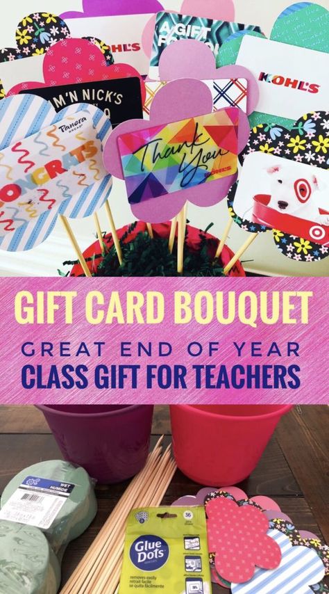 Teacher Gift Card Bouquet  - Great gift idea for teacher appreciation or end of year class gift. #teachergifts #teacherappreciation #teacherappreciationgifts #endoftheyear #endofyearteachergifts #giftcards Teacher Gift Card Bouquet, Basket Raffle, Gift Card Tree, Gift Card Basket, Card Bouquet, Teacher Appreciation Gift Card, Gift Card Bouquet, Gift Card Displays, Gift Card Presentation