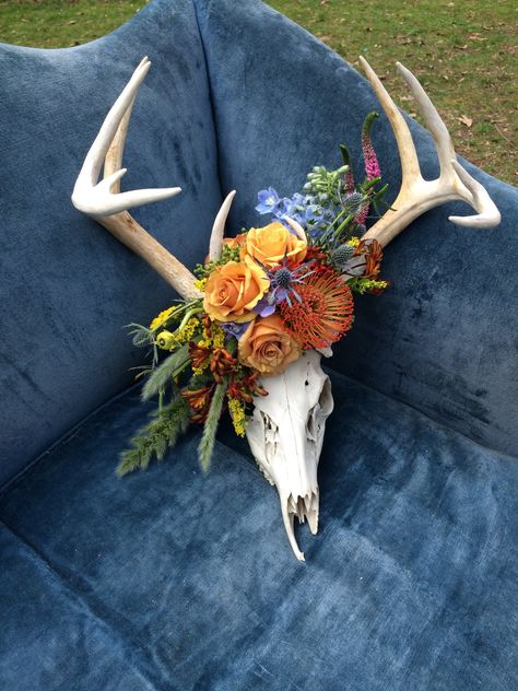 Deer Skull with Floral Accent by Lark Floral Deer Skull Diy Projects, Flower Deer Skull, Deer Skull Wreath, Deer Skull Ideas, Deer Skull Flowers, Deer Skull With Flowers, Floral Deer Skull, Deer Skull Decor, Deer Mount Ideas