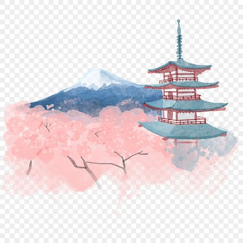 Japan Png Aesthetic, Mount Fuji Watercolor, Mount Fuji Sakura, Japan Clipart, Sakura Watercolor, Japan Mount Fuji, Page Background Design, Japan Watercolor, Japan Core