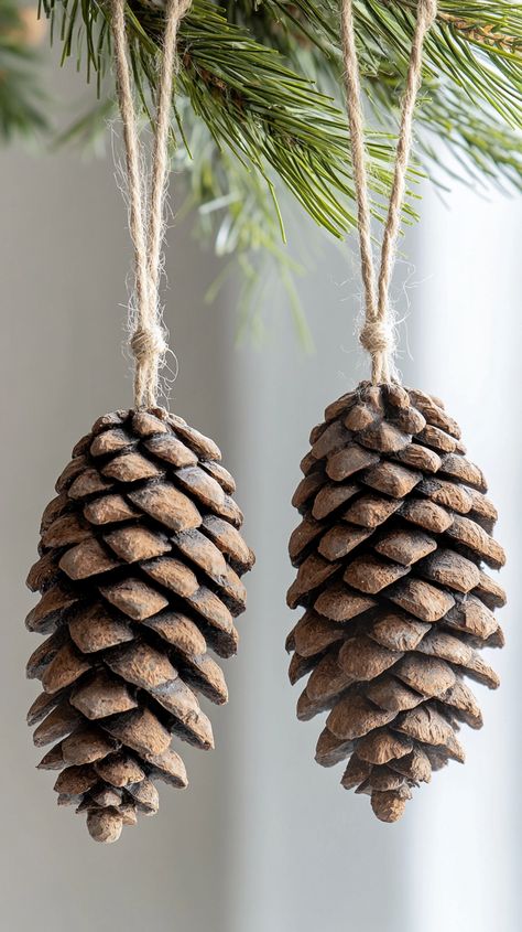 Two realistic pine cones hanging from a tree, adorned with twine, showcasing a rustic, organic Christmas decoration. Natural Christmas Tree Ornaments, Natural Christmas Ornaments Diy, Diy Natural Christmas Decorations, Natural Christmas Decorations, Pine Cone Ornaments, Natural Christmas Ornaments, Cone Ornaments, Natural Ornaments, Natural Christmas Decor