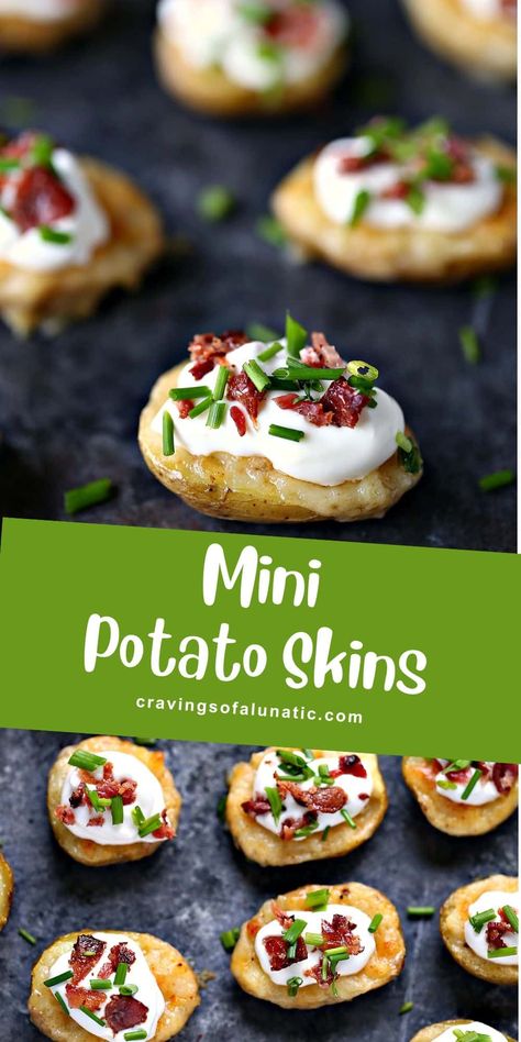 These Mini Potato Skins with Sour Cream, Bacon, and Chives are the perfect way to indulge your taste buds. They are ideal for parties and can be served as a side dish or appetizer. Mini Potato Skins, Potato Skin Bites, Potato Skins Appetizer, Tailgate Recipes, Fall Eats, Potato Appetizers, Awesome Appetizers, Carnivore Recipes, Mini Potatoes