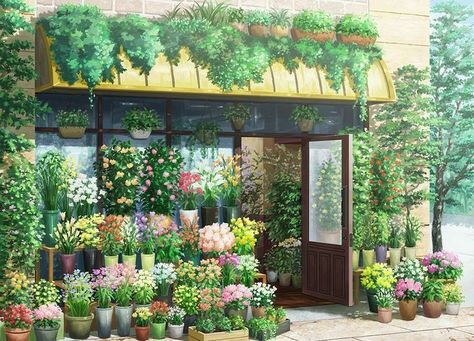 Flower Shop Concept Art, Fantasy Gardens, Environment References, Ghibli Aesthetic, Building Drawing, Anime Backgrounds, Book Illustration Art, Background Art, Watercolor Wallpaper