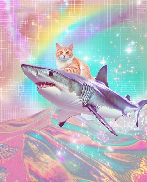 It’s sparkle shark Friday!🦈✨ Random fact: I am terrified of sharks and equally fascinated by them! Ride into this weekend like a cat riding on the back of a shark! Happy Friday, bbs!💖 Xo, Heather . . . ✨Images here created with Midjourney and Photoshop. . . . . . #glitteraesthetic #pinkaesthetic #SharkArt #SharkLovers #catartwork #catart Cats And Sharks, Shark Cat, Oopsie Daisy, Cat Riding, Shark Art, Cocoppa Wallpaper, Cat Artwork, Like A Cat, Space Cat