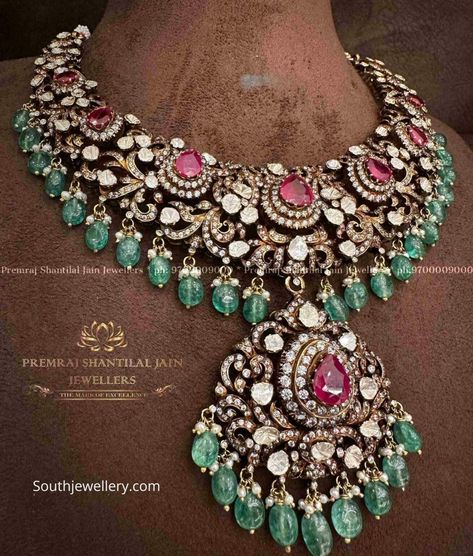 victorian polki necklace (1) Premraj Shantilal Jain Jewellers, Victorian Jewelry Necklace, Beaded Wedding Jewelry, Gold Haram, Bridal Jewelry Sets Brides, Indian Wedding Jewelry Sets, Victorian Jewellery, Neck Pieces Jewelry, Choker Necklace Designs