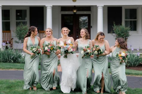 Sage green bridesmaids dress and vibrant, bright and colorful floral bouquets with peonies, daisies, hydrangeas, eucalyptus, roses Sage Green Wedding With Bright Flowers, Sage Green Wedding With Colorful Flowers, Eucalyptus Green Bridesmaid Dresses, Green Bridesmaid Dresses Colorful Flowers, Sage Green Bridesmaid Dresses Mismatched, Sage Green Bridesmaid Dresses Bright Flowers, Light Pink And Green Bouquet, Mismatched Green Bridesmaid Dresses, Green Spring Wedding