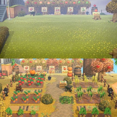 Acnh Island Farm Ideas, Acnh Crops Farm Design, Acnh Community Garden Ideas, Farm In Animal Crossing, Acnh Island Designs Garden, Acnh Farm Inspiration, Acnh Crop Design, Farm Design Acnh, Farm Theme Animal Crossing