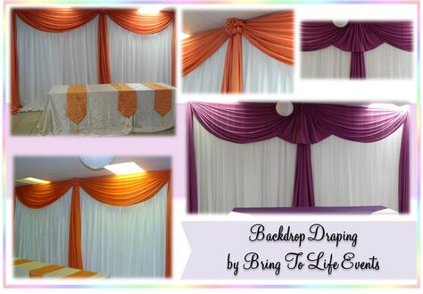 Backdrop draping- Orange & White and Purple & White Backdrop Draping, Draping Ideas, Orange White, Gazebo, Decor Ideas, Curtains, For Men, Orange, Purple