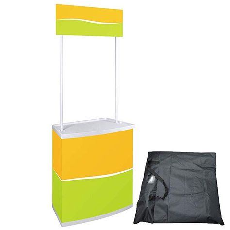 Displays2go Promotional Trade Show Counter with Header and Carrying Bag - White Corrugated Plastic with Aluminum Frame and Laminate Countertop (PROMXMNV2) Fold Up Check Out Stand, Lemonade Stand With Folding Table, Folding Checkout Stand, Foldable Kiosk Design, Foldable Kiosk, Promotion Table, School Supply Store, Trade Show Exhibit, Display Banners