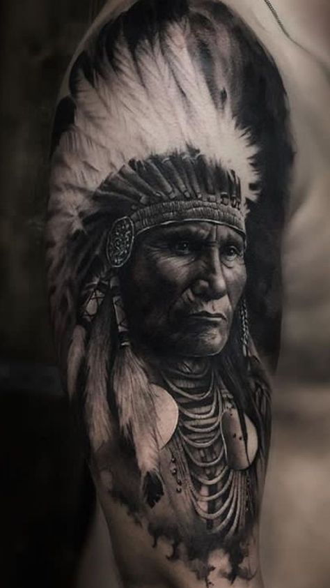 Indian Headdress Tattoo, Indian Chief Tattoo, Native Indian Tattoos, Indian Girl Tattoos, Indian Skull Tattoos, Native American Tattoo Designs, Indian Tattoo Design, Headdress Tattoo, Catrina Tattoo