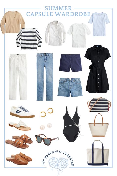 Classic Spring Summer Outfits, Classical Summer Outfits, Grandmillenial Capsule Wardrobe, Chic Summer Capsule Wardrobe, Nautical Capsule Wardrobe, Jcrew Summer 2023, Hamptons Style Aesthetic, Bright Summer Capsule Wardrobe, Classic Preppy Style Women Summer