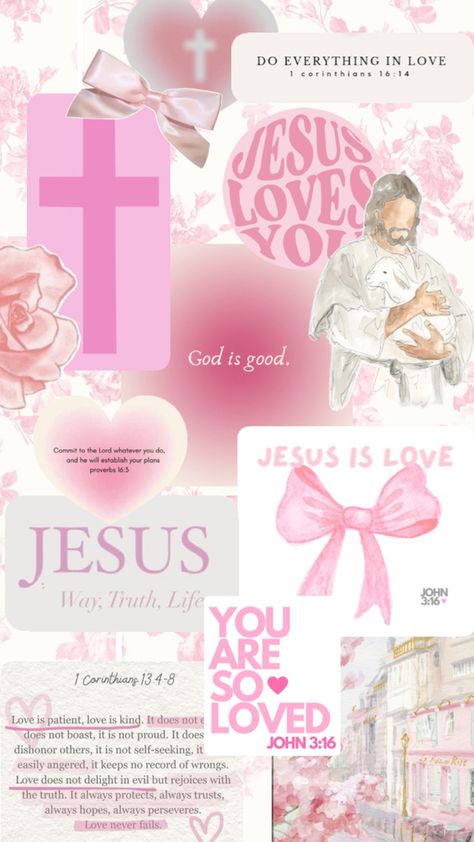 Pink God Aesthetics, Pink Aesthetic God Quotes, Coquette Jesus Wallpaper, Christian Phone Backgrounds Aesthetic, Pink Aesthetic Wallpaper Iphone Collage, Bible Collage Wallpaper, Christian Wallpaper For Ipad, Pink Catholic Wallpaper, Ipad Wallpaper Jesus