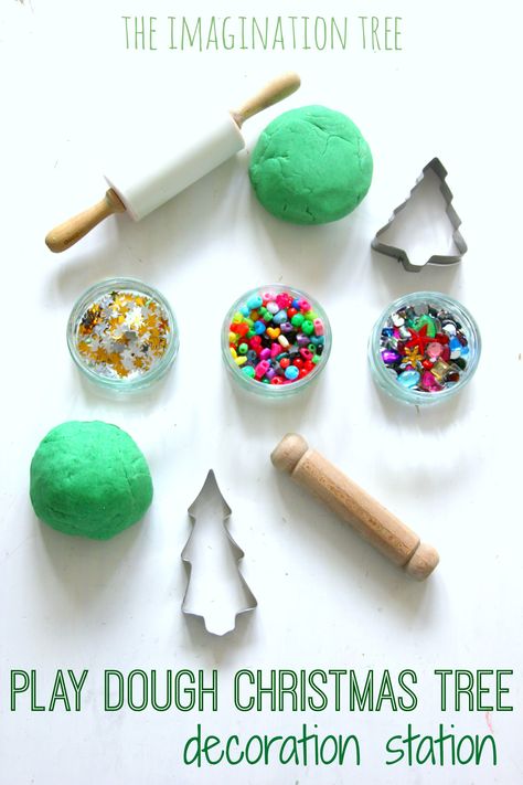 Play dough christmas tree decoration station christmas craft activity! Dough Christmas Tree, Play Dough Christmas, Toddler Christmas Tree, Kids Invitation, Fun Invitation, Imagination Tree, Tree Themes, Christmas Play, Trees Christmas